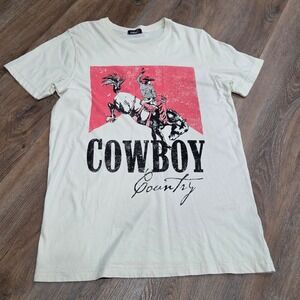 Mine B Cowboy Country Graphic Tee Cream Off White Western Rodeo T-Shirt Medium
